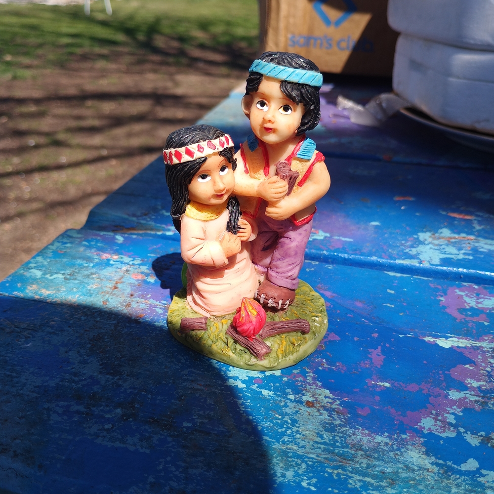 Native Americans Sitting By Campfire With One Holding Wood. Knick Knack Statues.